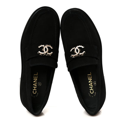 Chanel Suede Kidskin Crystal CC Loafers 38 Black 2 of 11