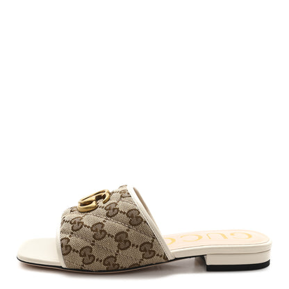 Gucci Monogram Matelasse Diagonal GG Marmont Flat Slide Sandals  35 Beige Ebony Mystic White 1 of 10
