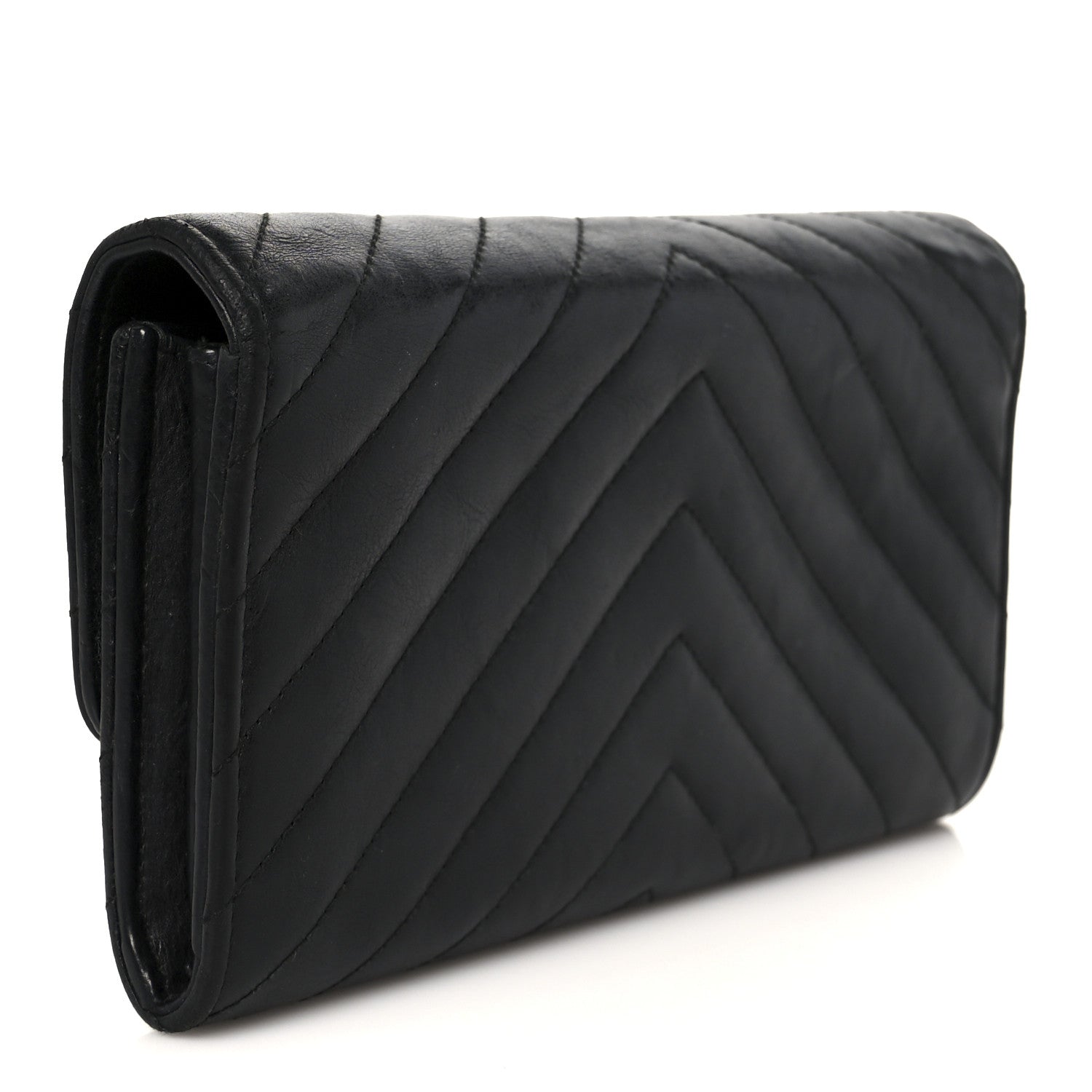 Chanel Calfskin Chevron Quilted Large Gusset Flap Wallet Black 3 of 9