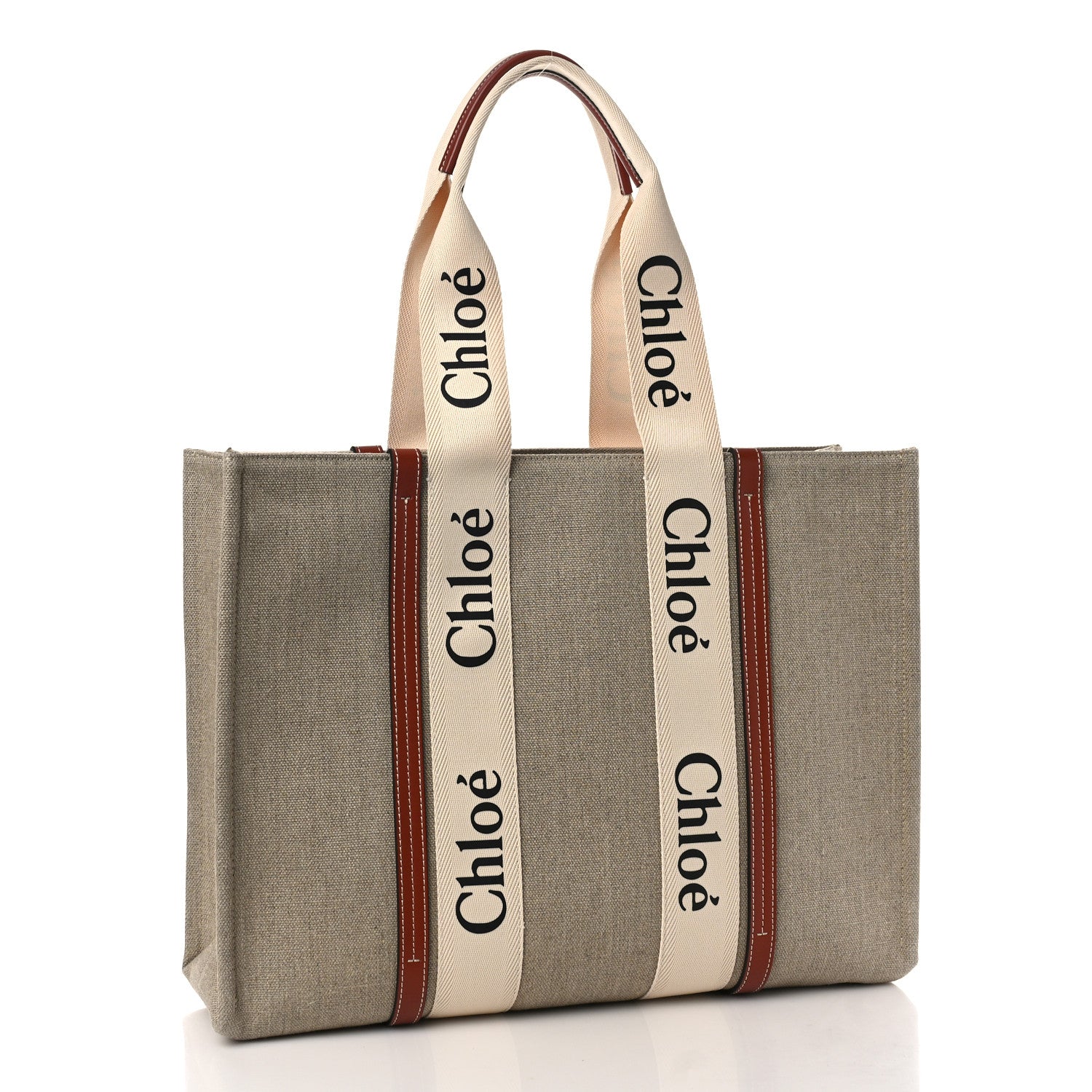 Chloe Cotton Calfskin Large Woody Ribbon Tote White Brown 3 of 8