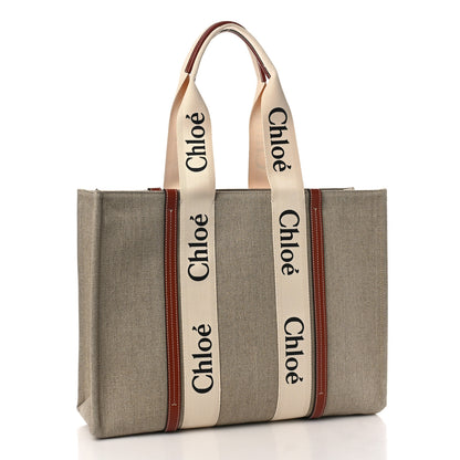 Chloe Cotton Calfskin Large Woody Ribbon Tote White Brown 3 of 8