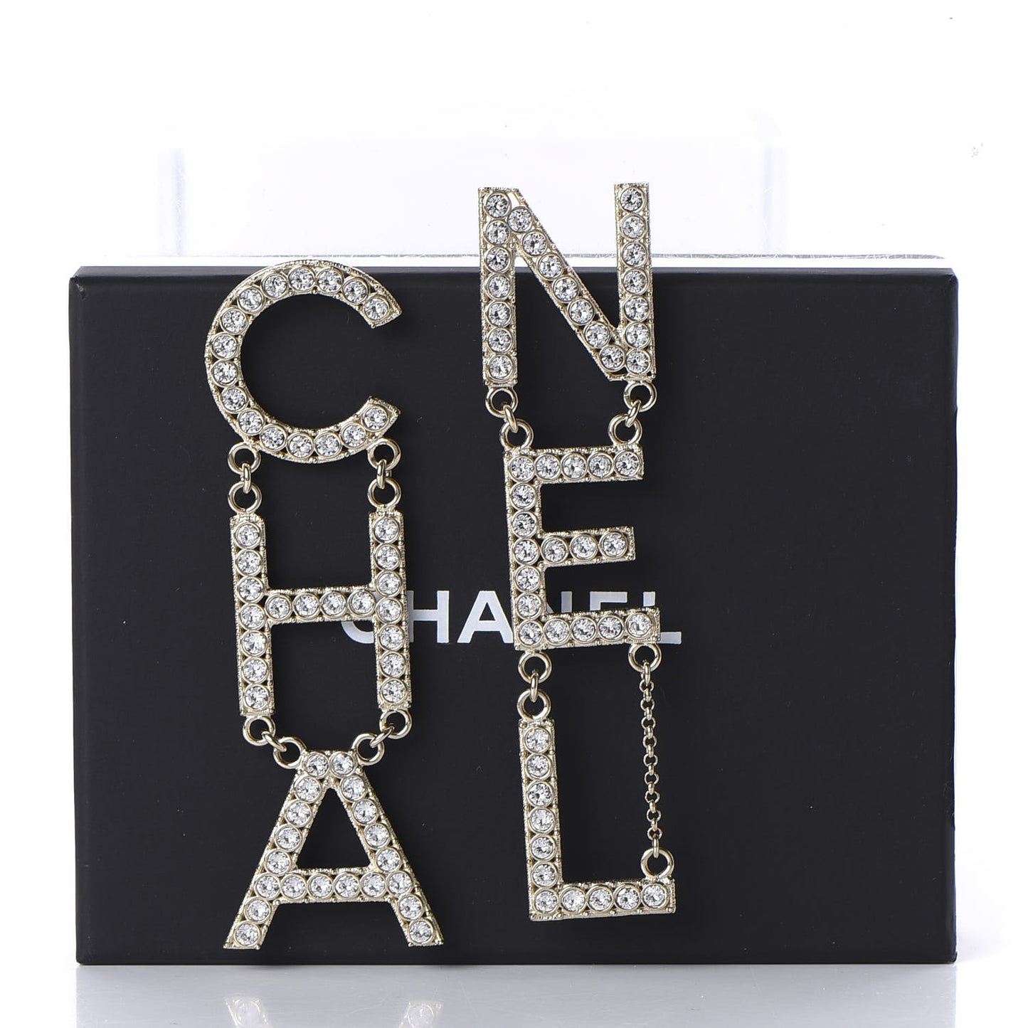 Crystal Cha-Nel Logo Drop Earrings Gold