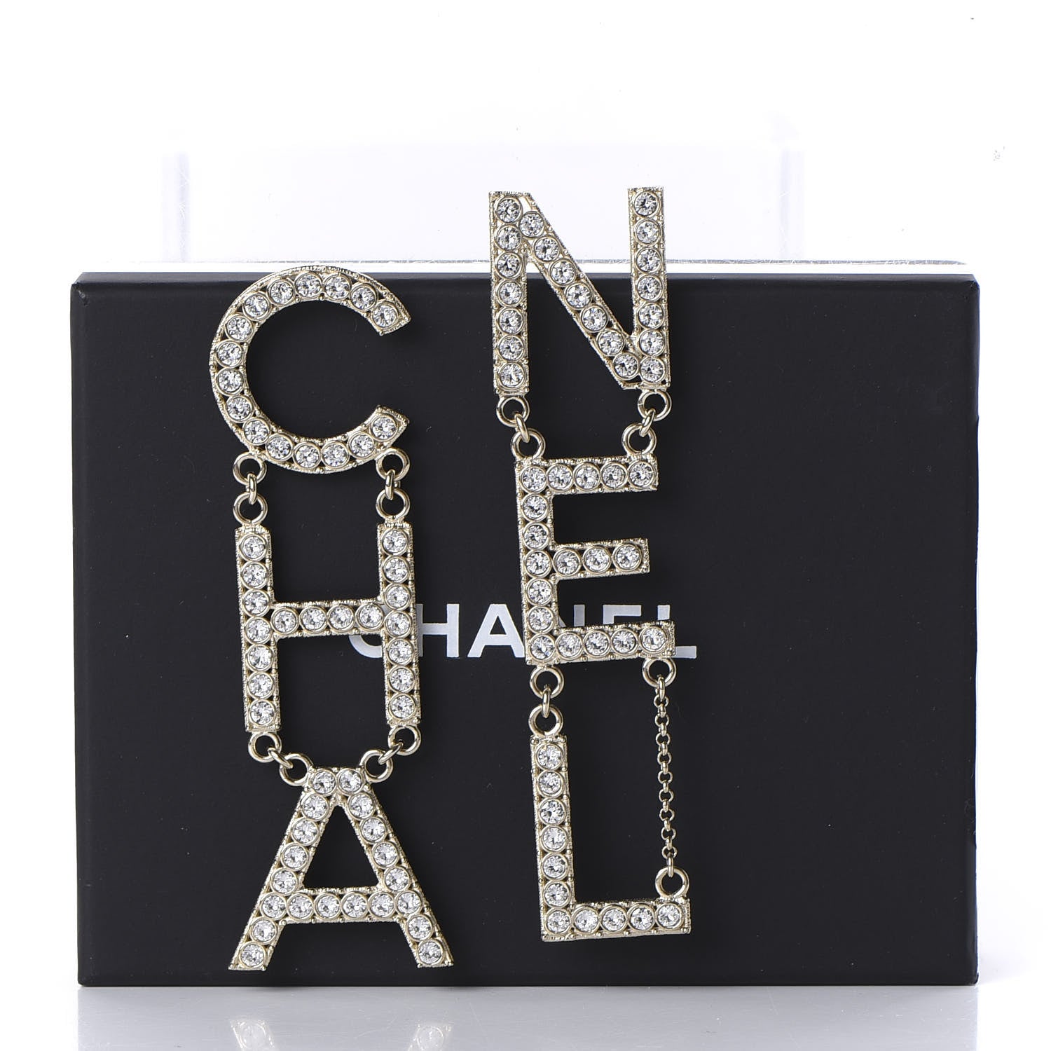Chanel Crystal Cha-Nel Logo Drop Earrings Gold 5 of 5