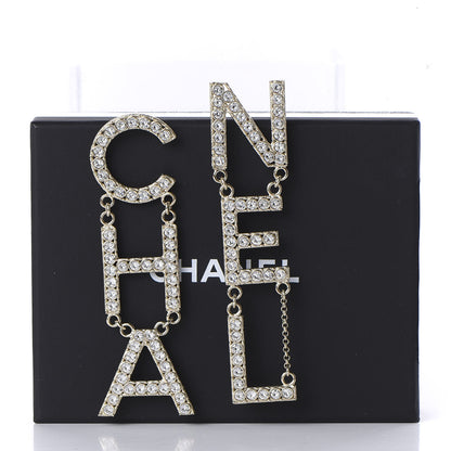 Chanel Crystal Cha-Nel Logo Drop Earrings Gold 5 of 5