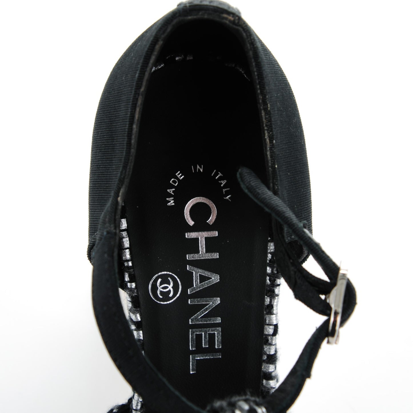 Tweed Grosgrain Chain T-Strap Pumps 37 Black Silver