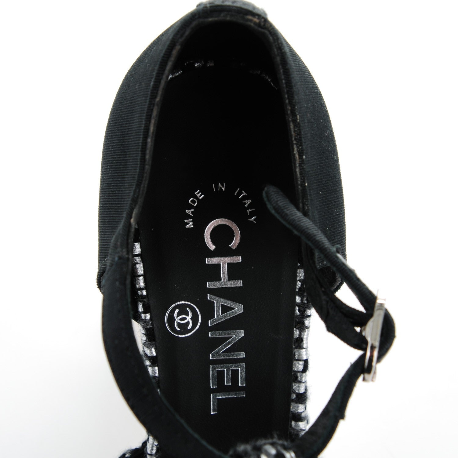 Chanel Tweed Grosgrain Chain T-Strap Pumps 37 Black Silver 7 of 8