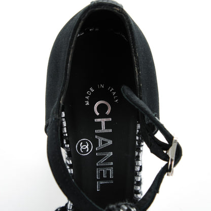 Chanel Tweed Grosgrain Chain T-Strap Pumps 37 Black Silver 7 of 8