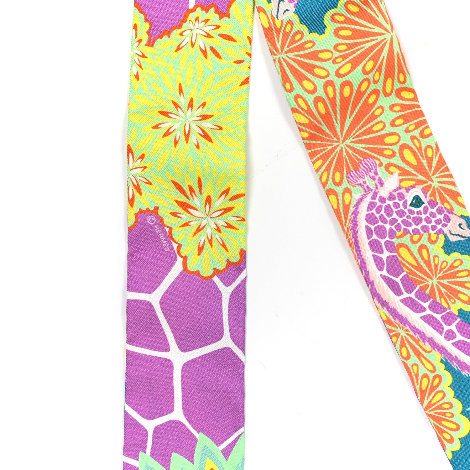 Hermes Silk The Three Graces Twilly Canard Mauve Jaune Fluo 4 of 4