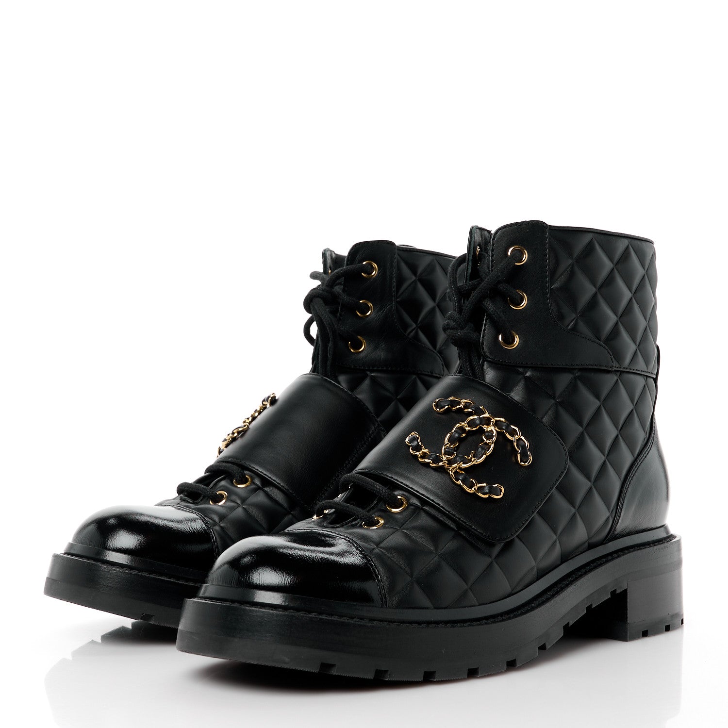 Chanel Shiny Calfskin Quilted Lace Up Combat Boots 39.5 Black 3 of 10