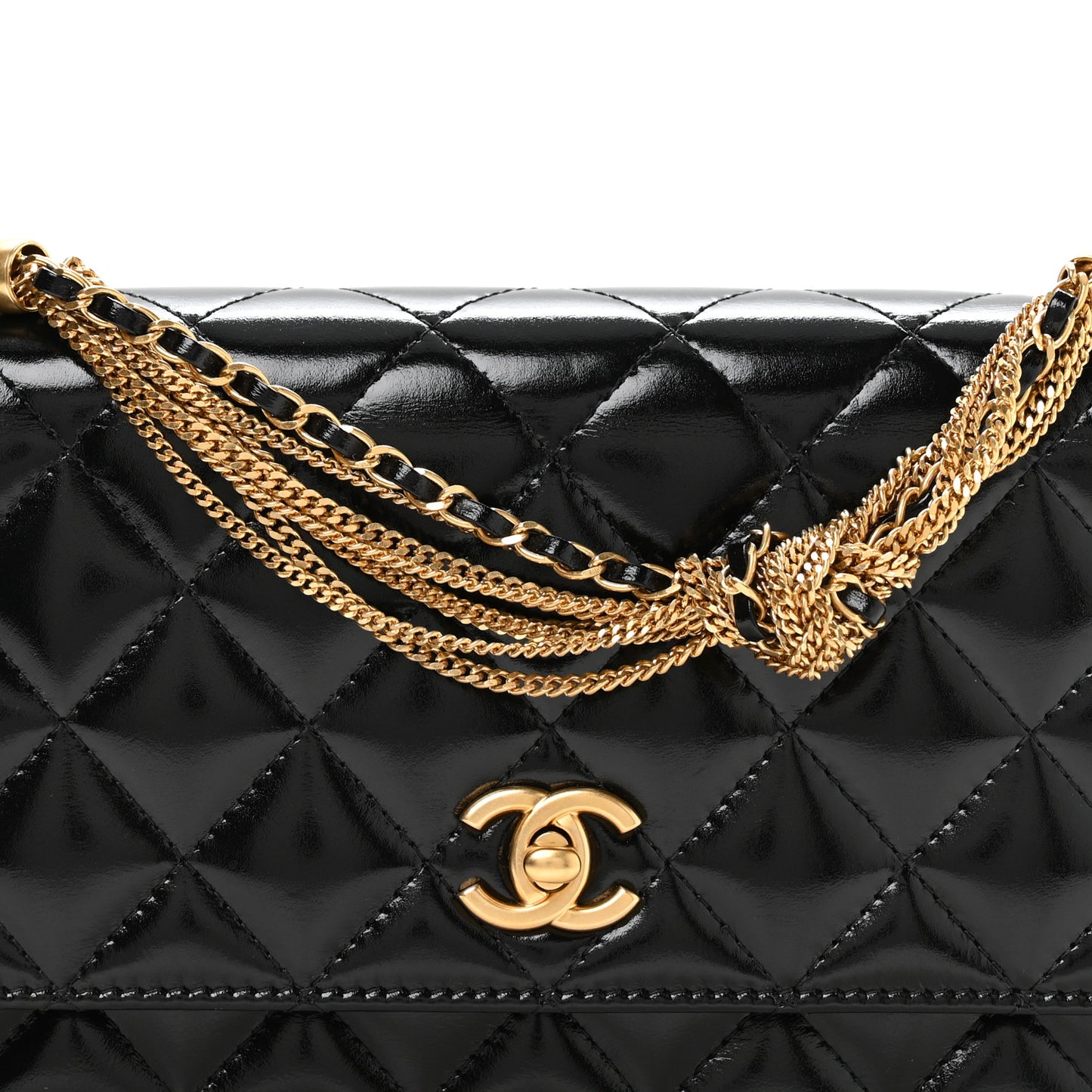 Shiny Crumpled Calfskin Quilted Precious Tie Wallet On Chain WOC Black