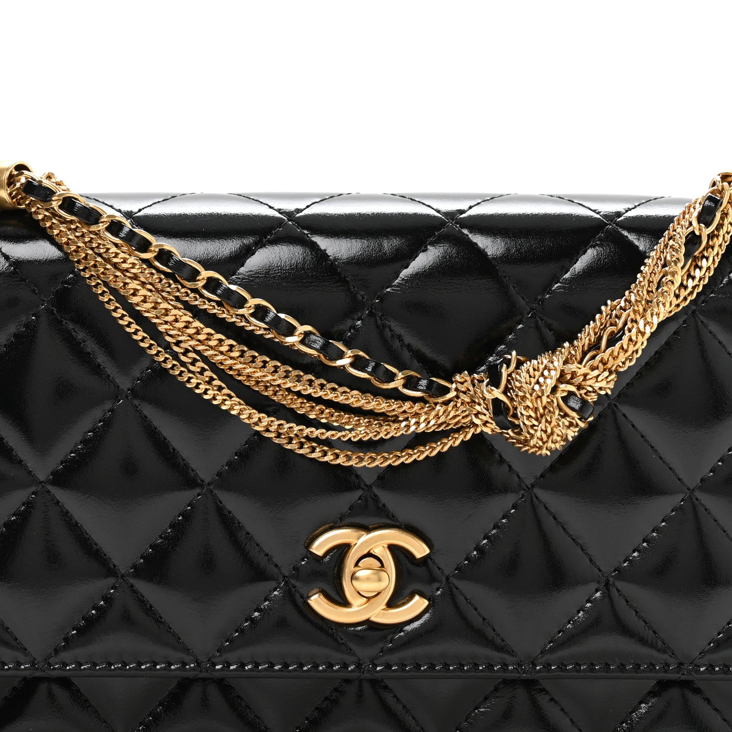 Chanel Shiny Crumpled Calfskin Quilted Precious Tie Wallet On Chain WOC Black 9 of 12