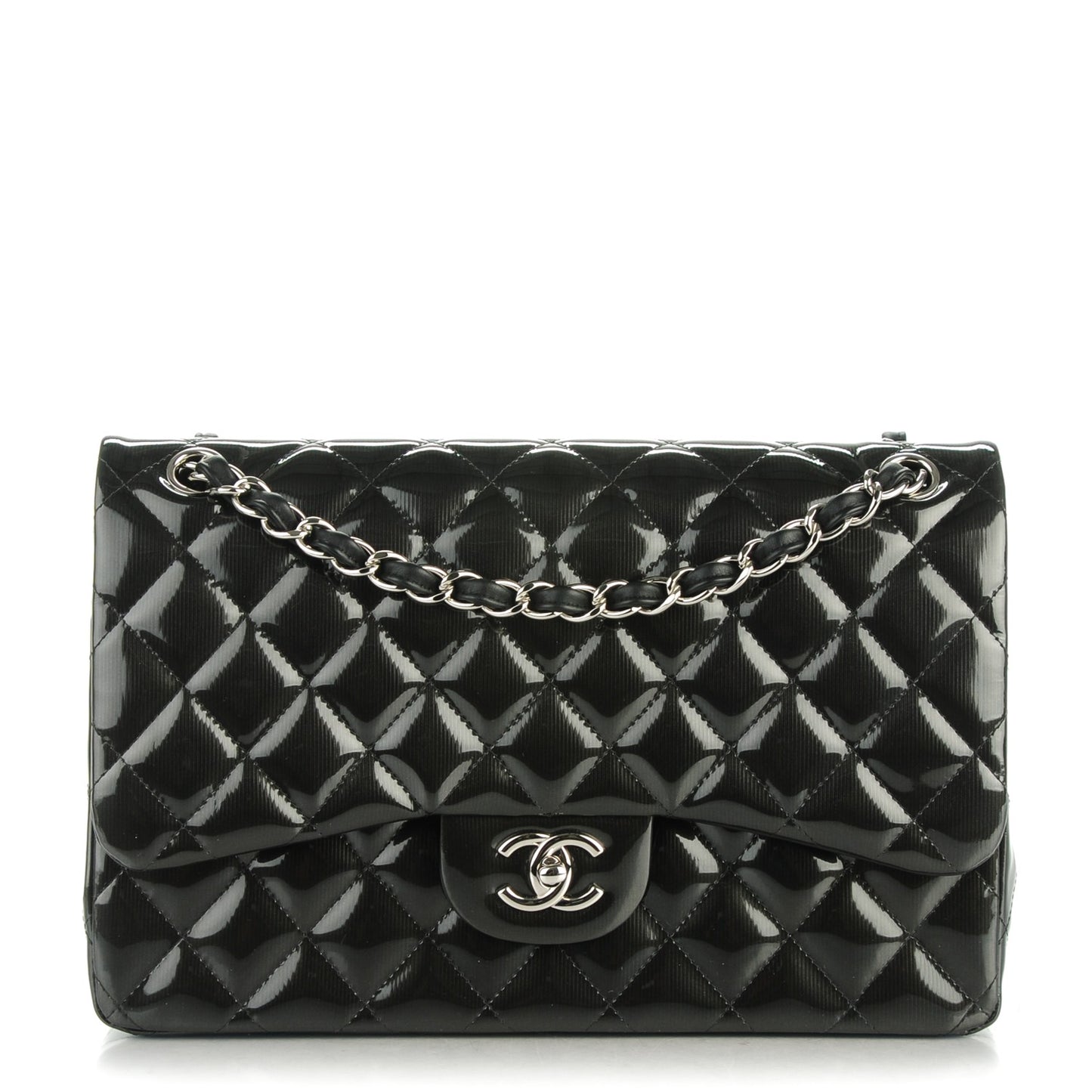 Striated Patent Quilted Jumbo Double Flap Black