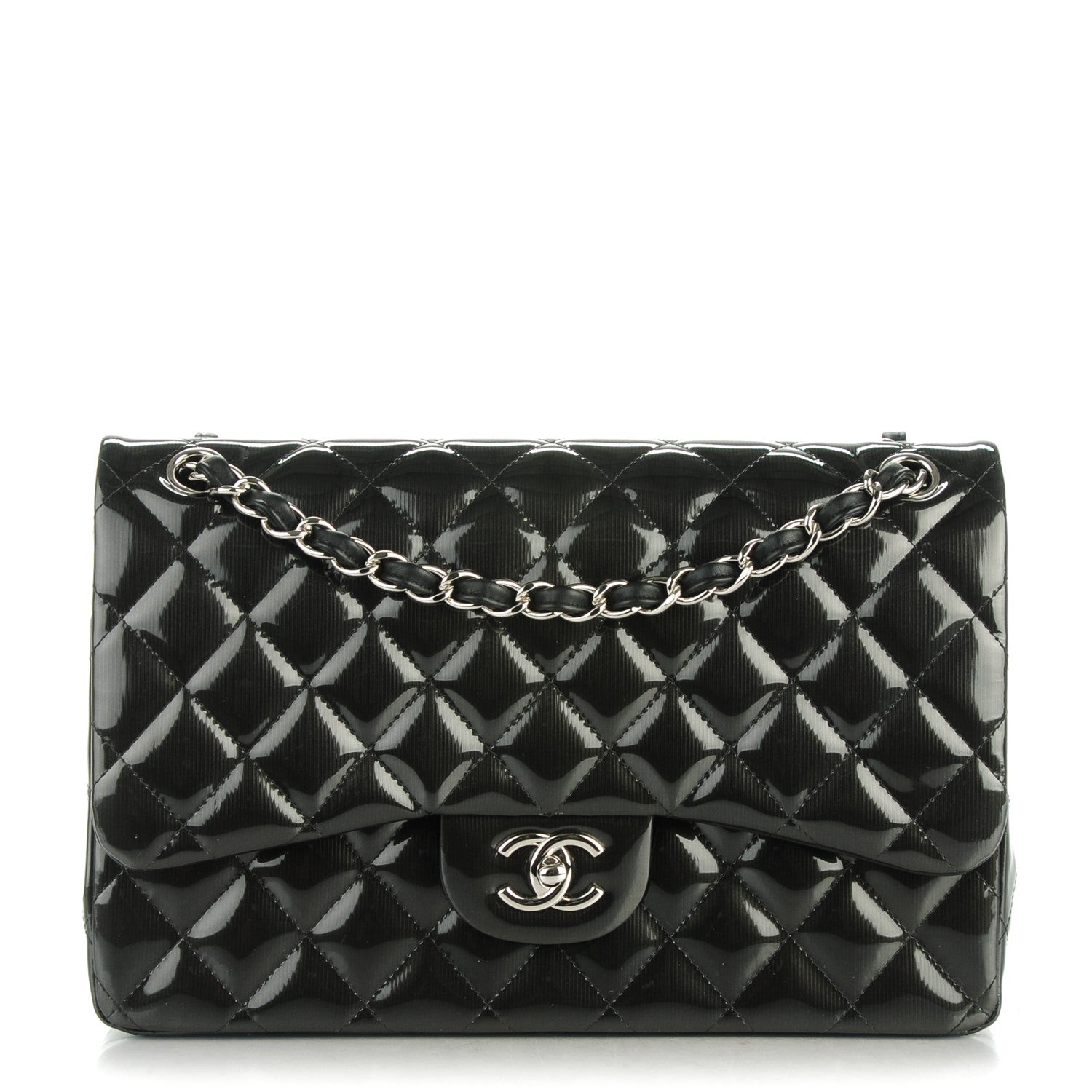 Chanel Striated Patent Quilted Jumbo Double Flap Black 1 of 8