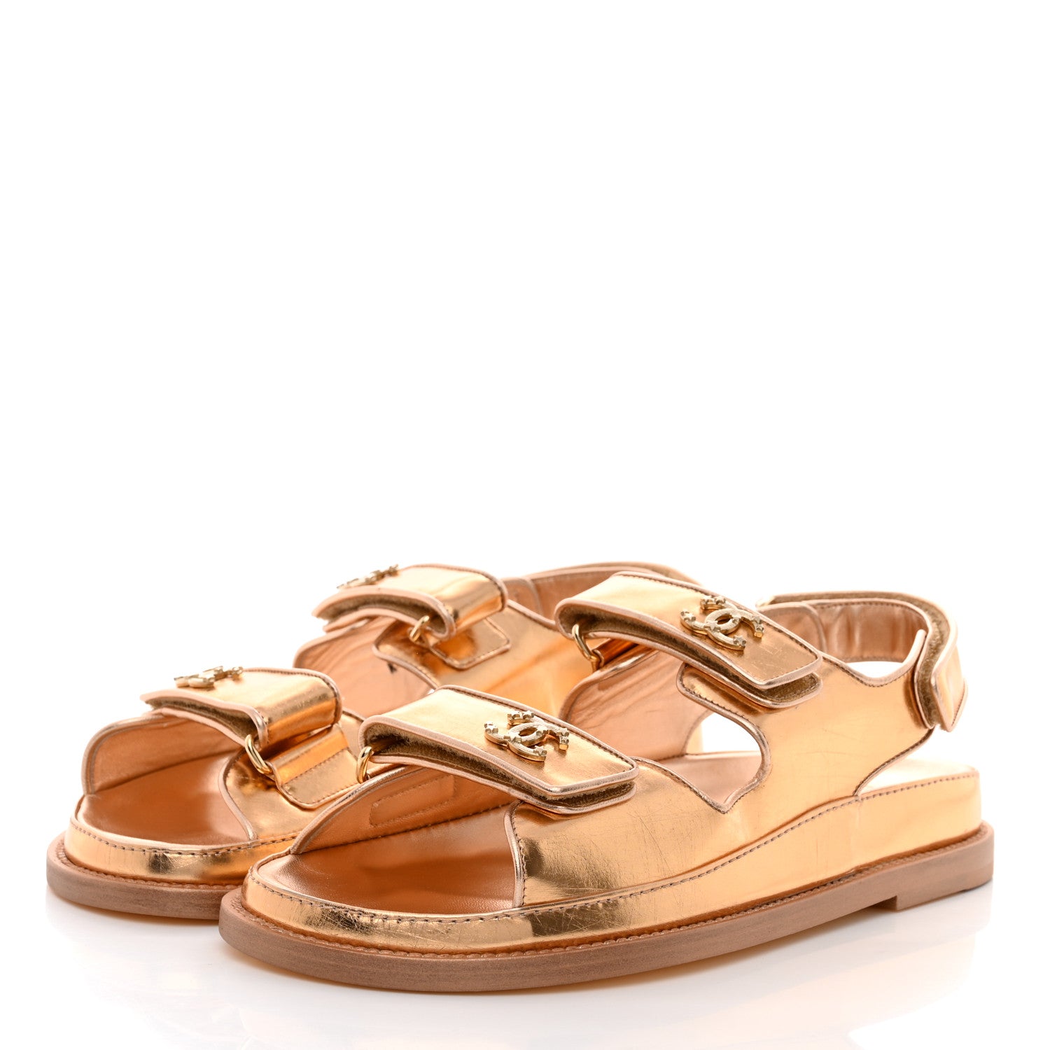 Chanel Metallic Laminated Calfskin Velcro Dad Sandals 37.5 Golden 3 of 9