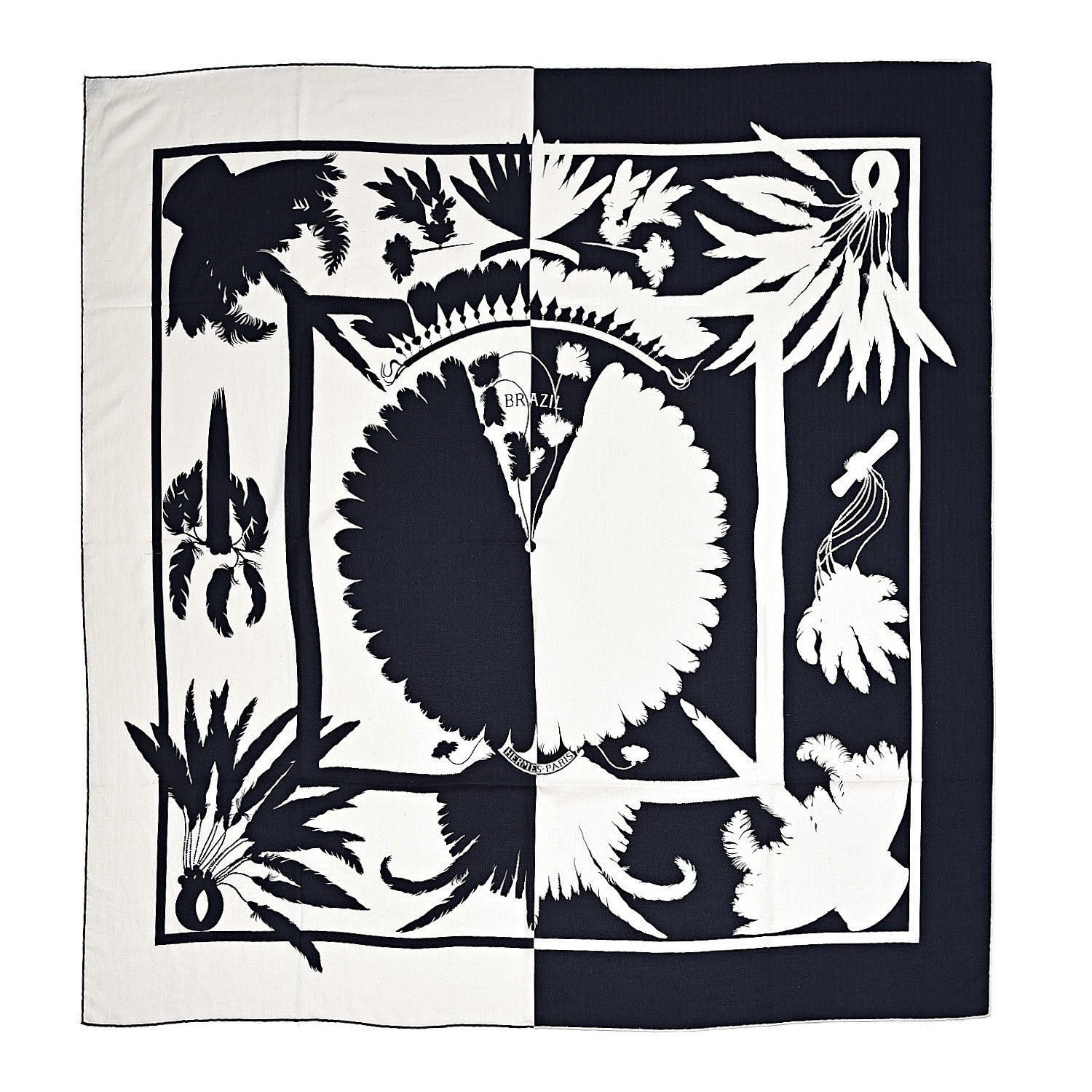 Hermes Cashmere Silk Brazil Tattoo Shawl 140 Bleu Noir Blanc 1 of 6