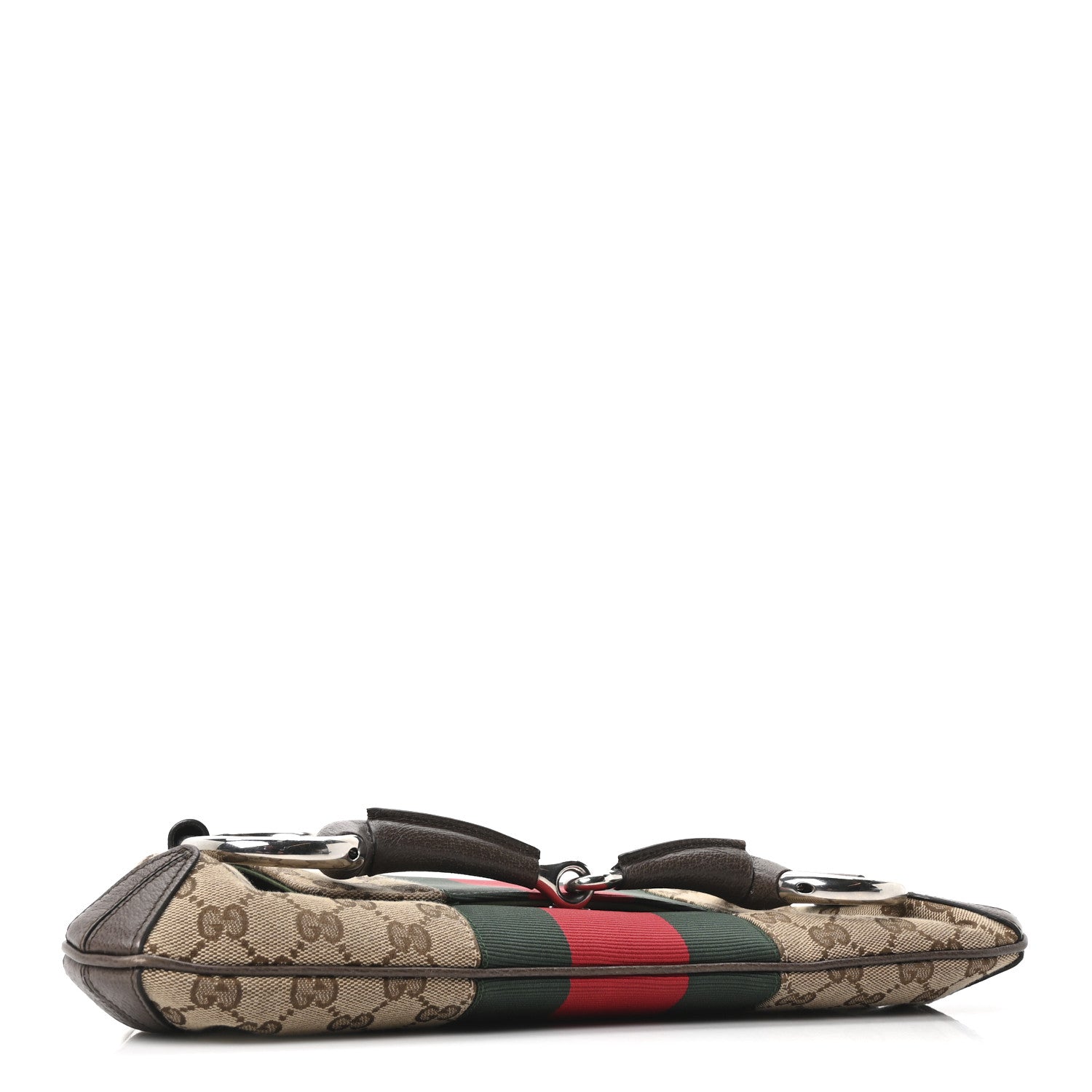 Gucci Monogram Textured Dollar Calfskin Heavy Grosgrain Web Medium Maxi Horsebit Chain Shoulder Bag Beige Ebony New Acero 4 of 11