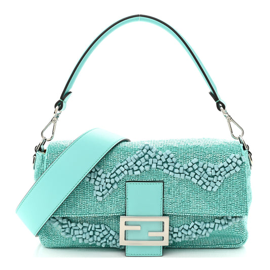 Rolling Stone Vitello Seta Bead Embroidered Re-Edition Baguette Spring Turquoise