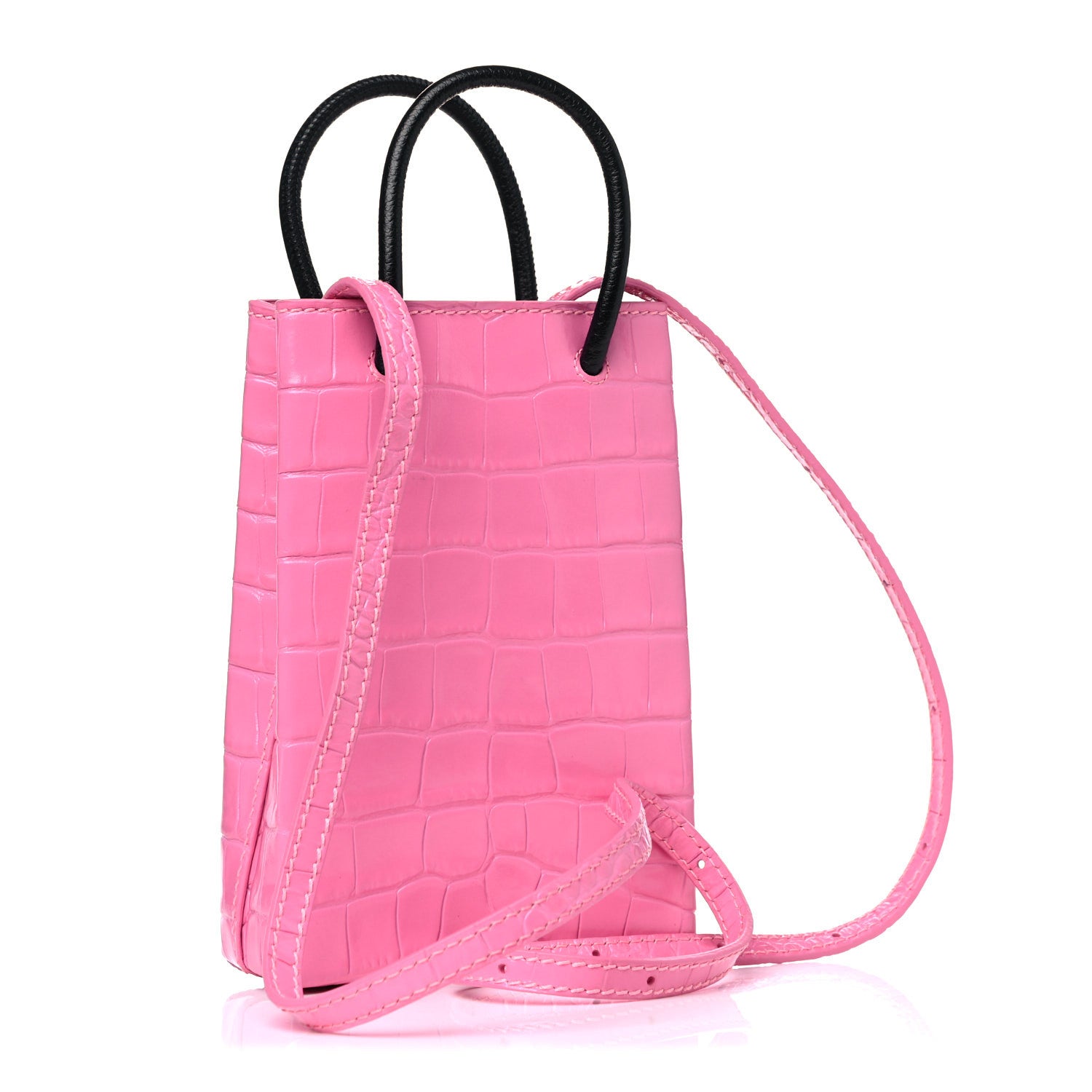 Balenciaga Shiny Calfskin Crocodile Embossed Logo Shopping Phone Holder Bag Rose Black 4 of 11
