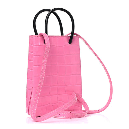 Balenciaga Shiny Calfskin Crocodile Embossed Logo Shopping Phone Holder Bag Rose Black 4 of 11