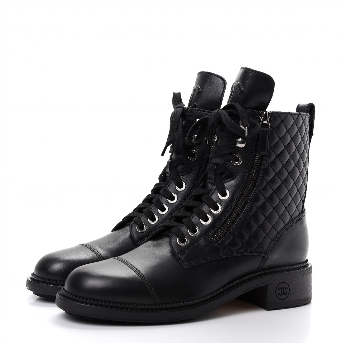 Calfskin Quilted Lace Up Combat Boots 40.5 Black
