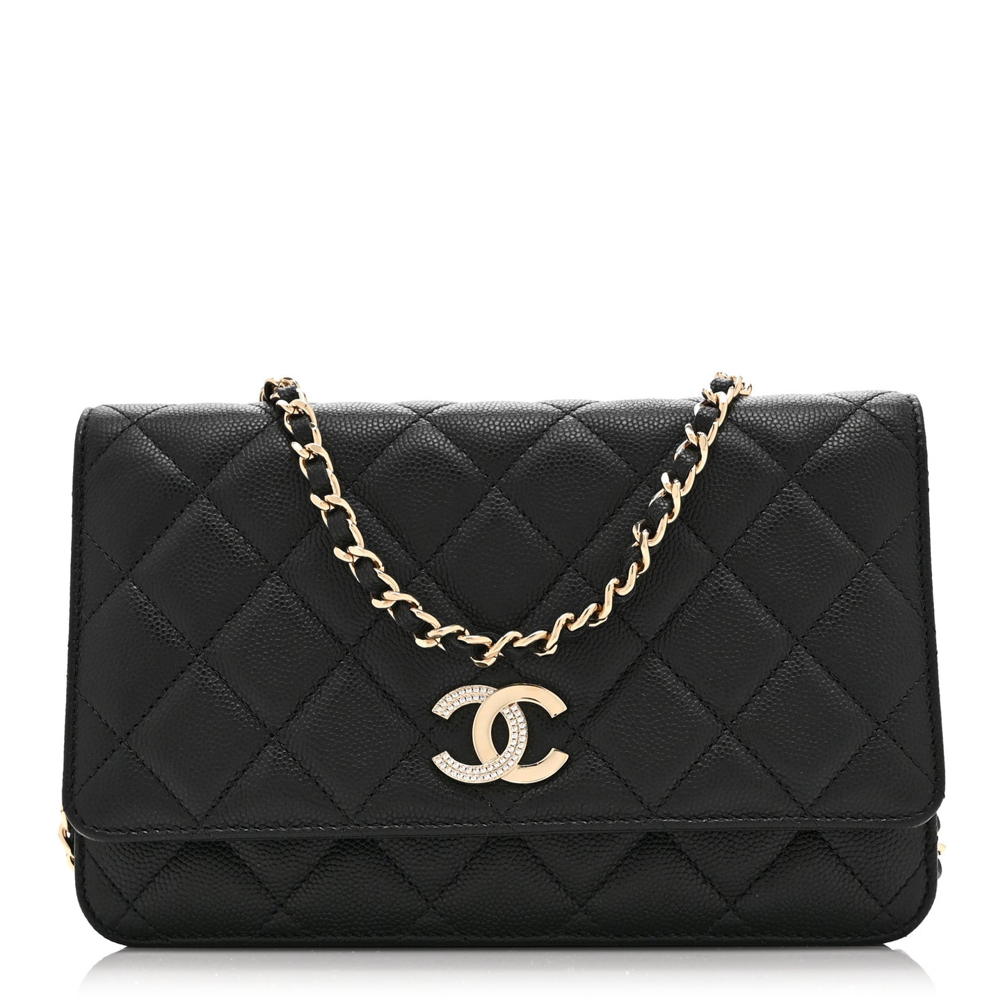 Caviar Quilted Crystal CC Wallet On Chain WOC Black