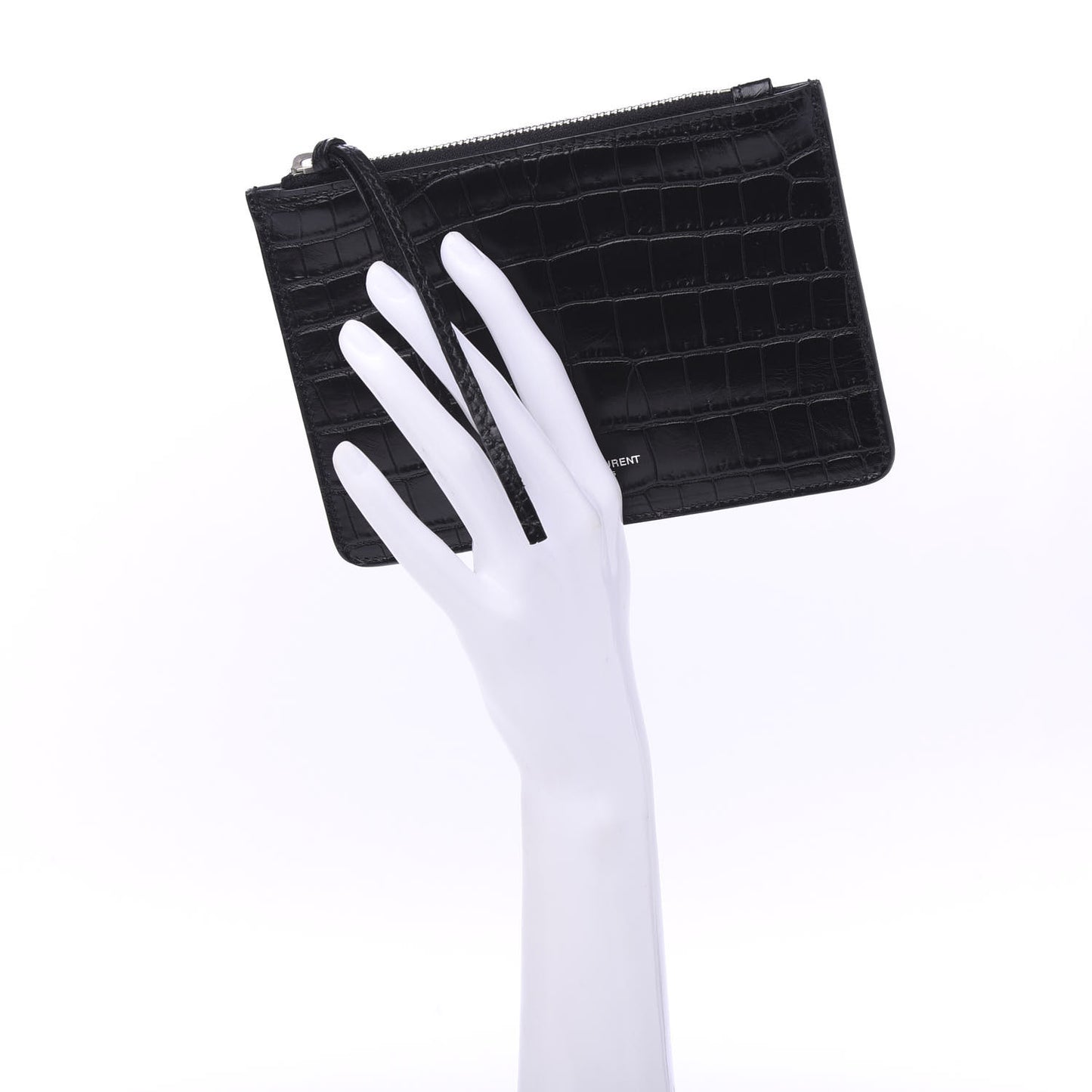 Calfskin Crocodile Embossed East Side Zip Pouch Black