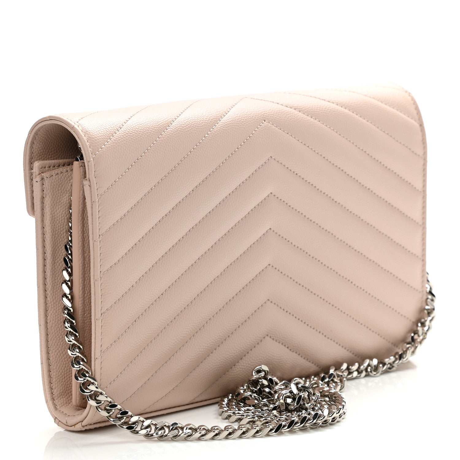 Saint Laurent Grain De Poudre Matelasse Chevron Monogram Chain Wallet Pale Pink 3 of 9