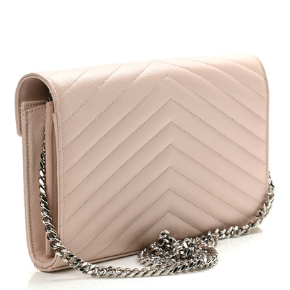 Saint Laurent Grain De Poudre Matelasse Chevron Monogram Chain Wallet Pale Pink 3 of 9