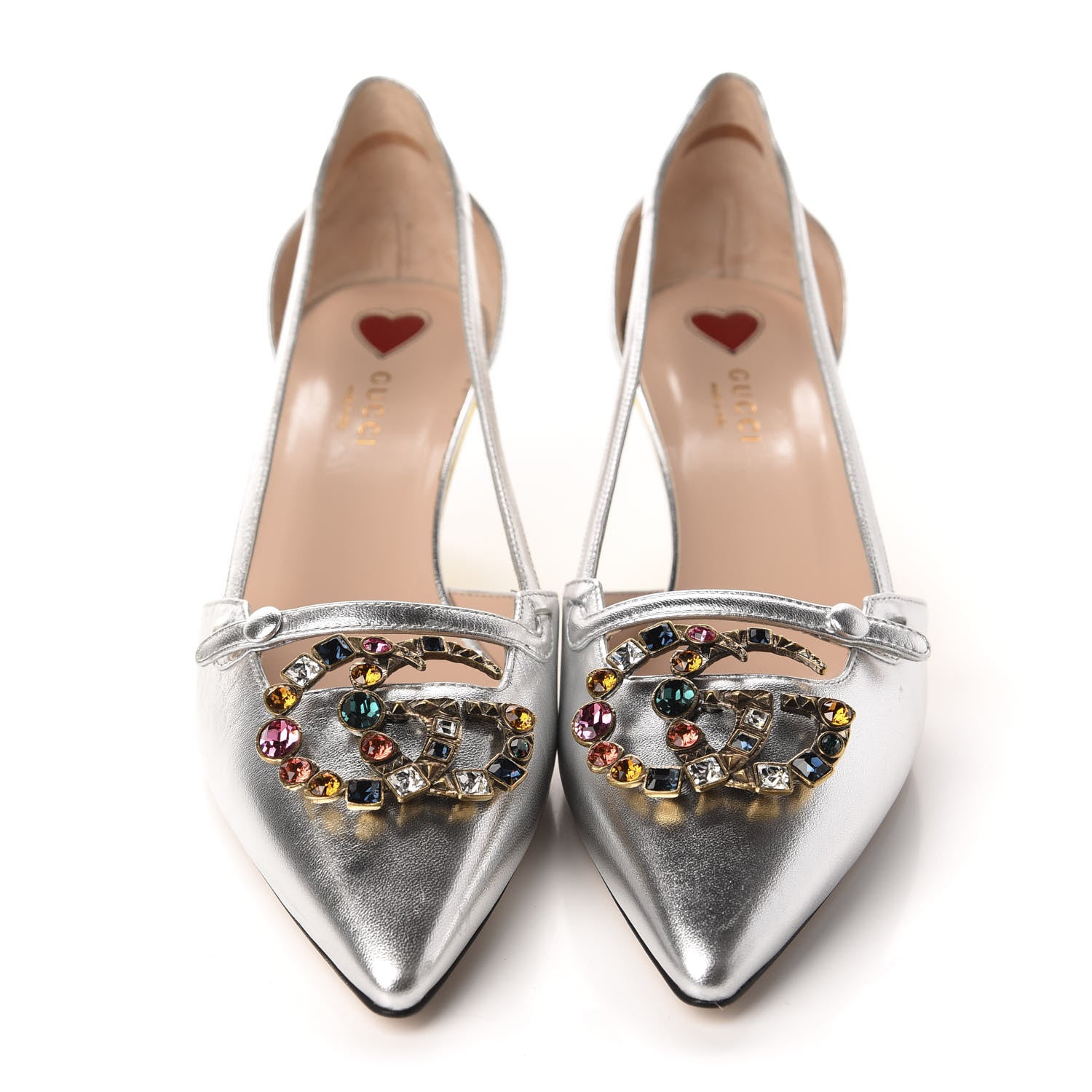 Gucci Metallic Nappa Bamboo Crystal Double G Low Heel Pumps 40 Argento 2 of 10