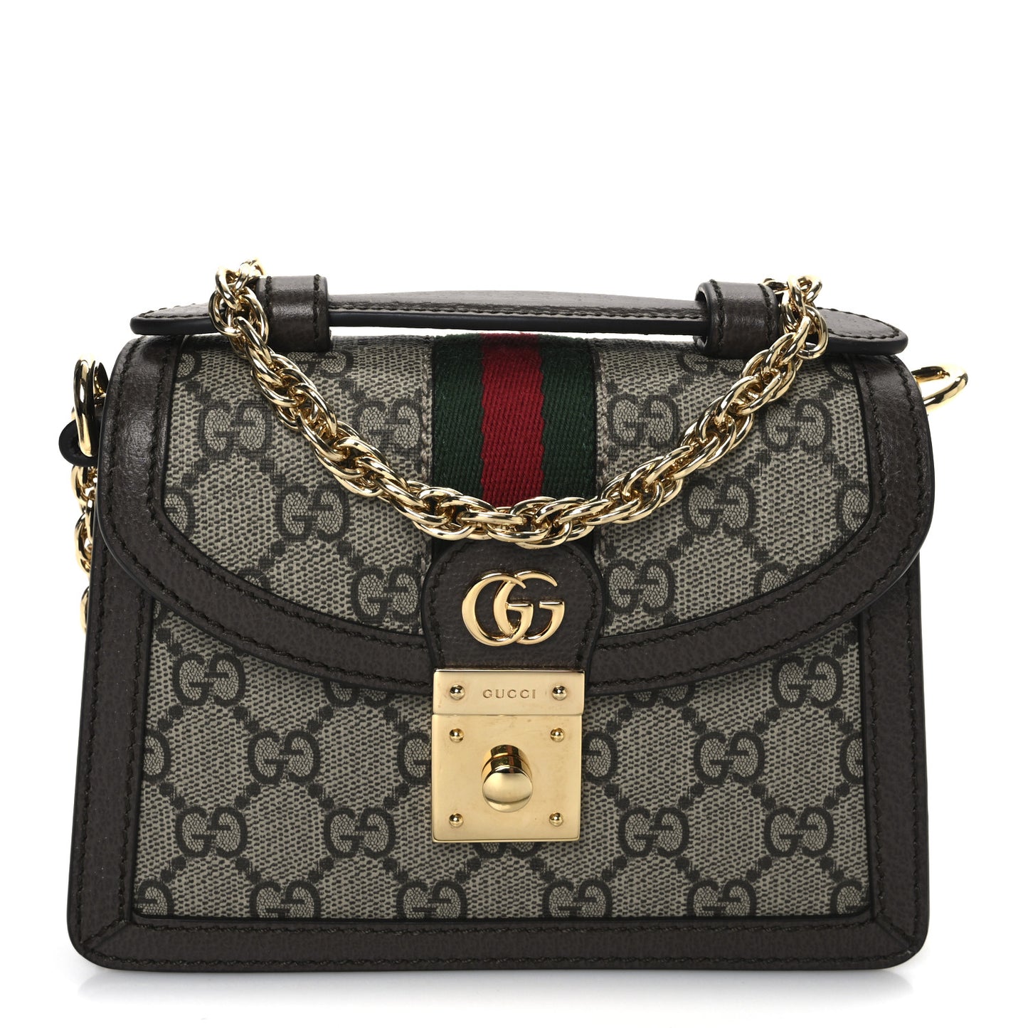 GG Supreme Monogram Textured Dollar Calfskin Web Mini Ophidia Padlock Top Handle Chain Shoulder Bag Beige Ebony New Acero