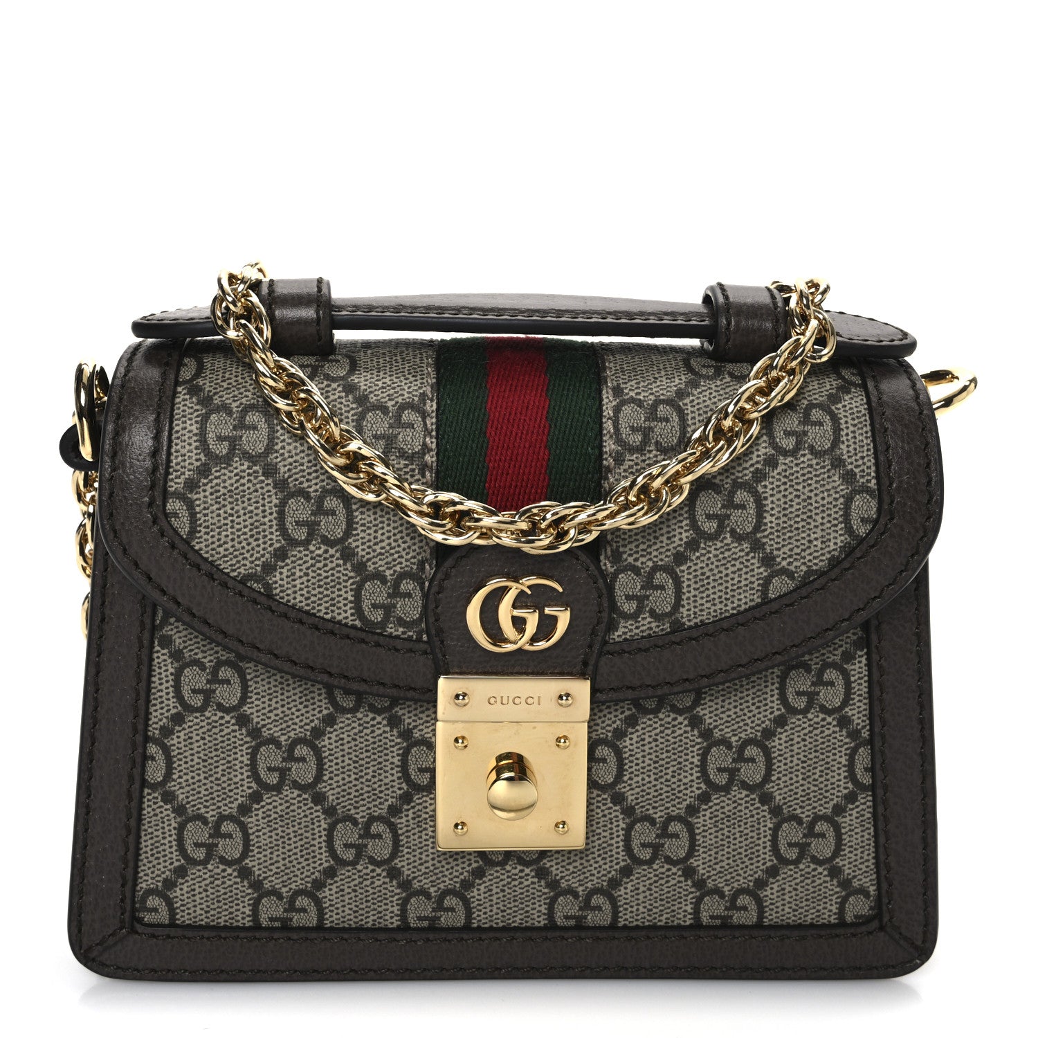 Gucci GG Supreme Monogram Textured Dollar Calfskin Web Mini Ophidia Padlock Top Handle Chain Shoulder Bag Beige Ebony New Acero 1 of 11