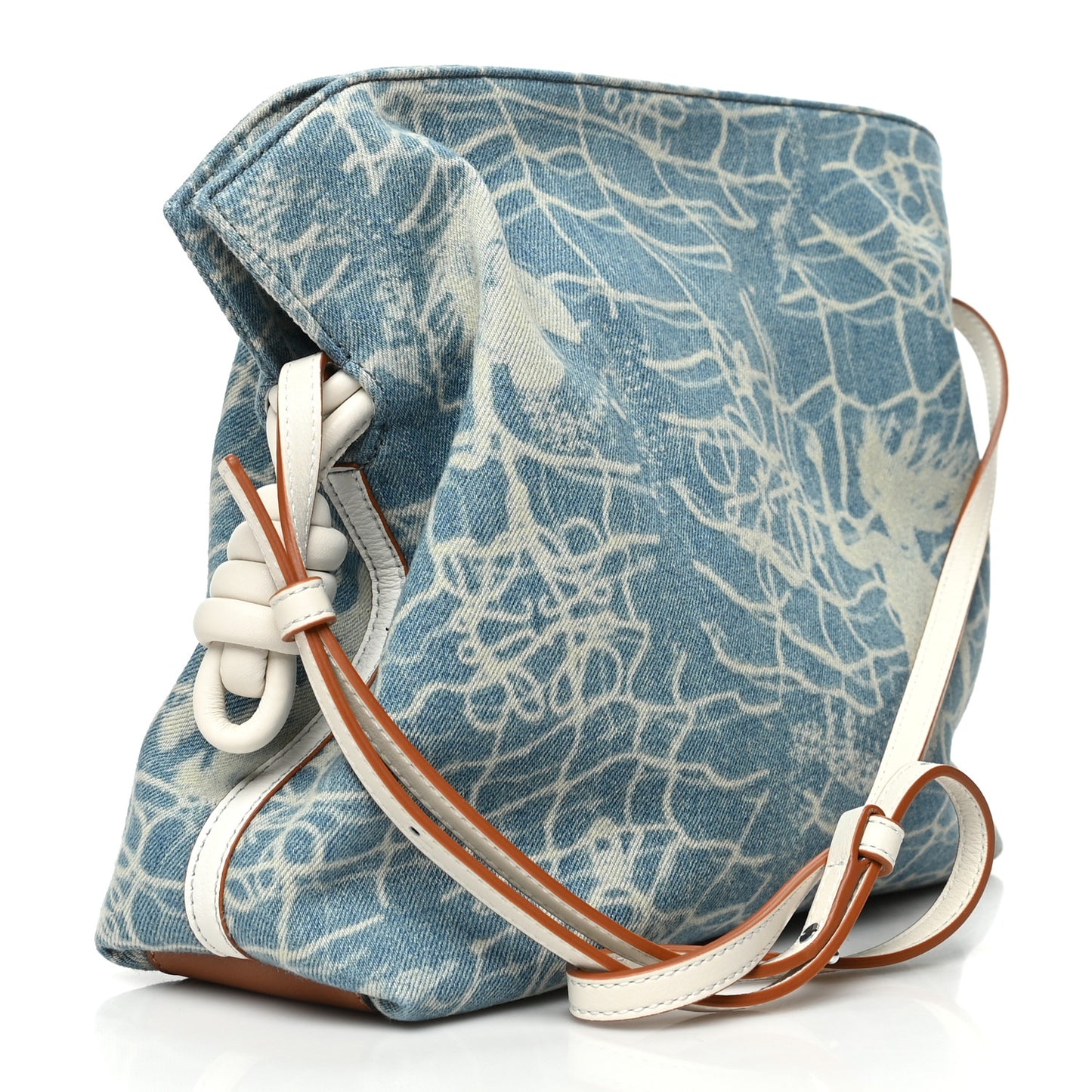 Denim Calfskin Mermaid Print Paula's Ibiza Flamenco Knot Bag Blue Tan