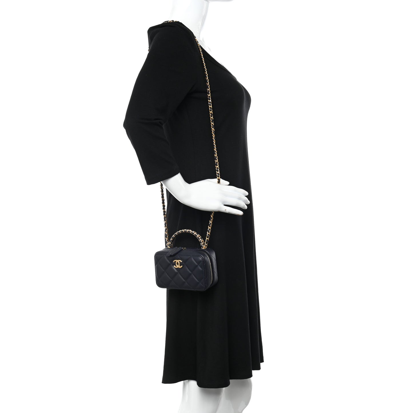 Lambskin Quilted Chain Top Handle Vanity Case Blue