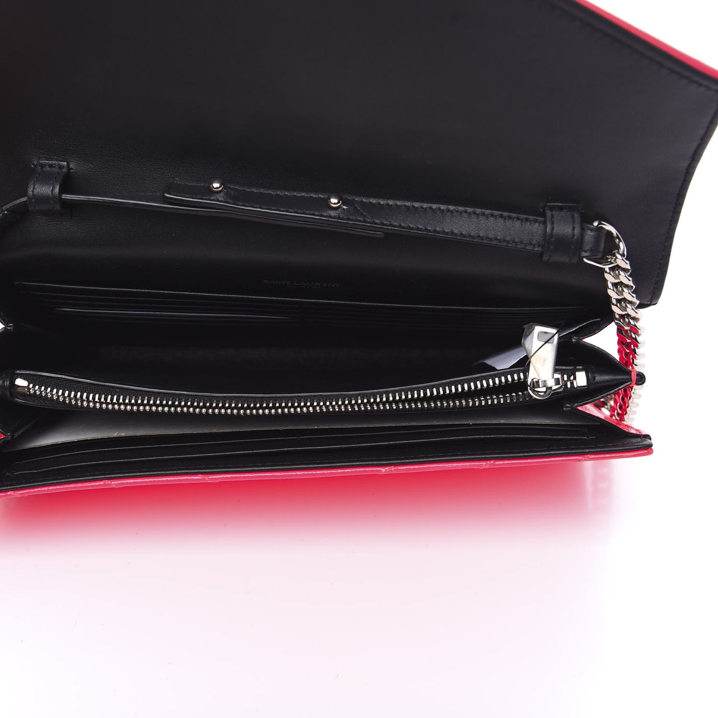 Patent Grain De Poudre Matelasse Chevron Monogram Chain Wallet Neon Pink