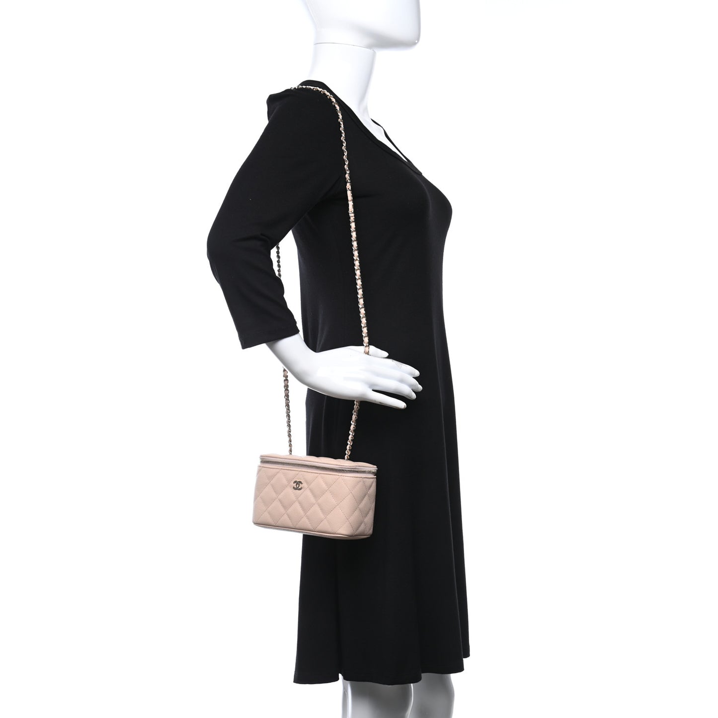 Caviar Quilted Small Vanity Case With Chain Light Beige