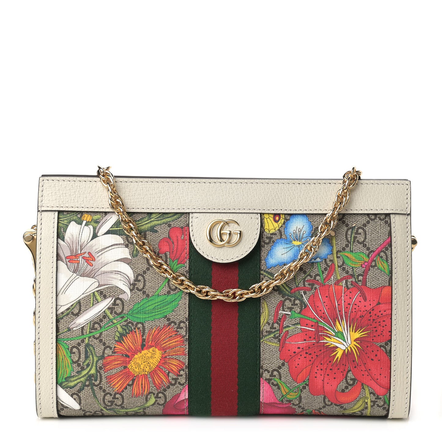 GG Supreme Monogram Flora Web Small Ophidia Chain Shoulder Bag White
