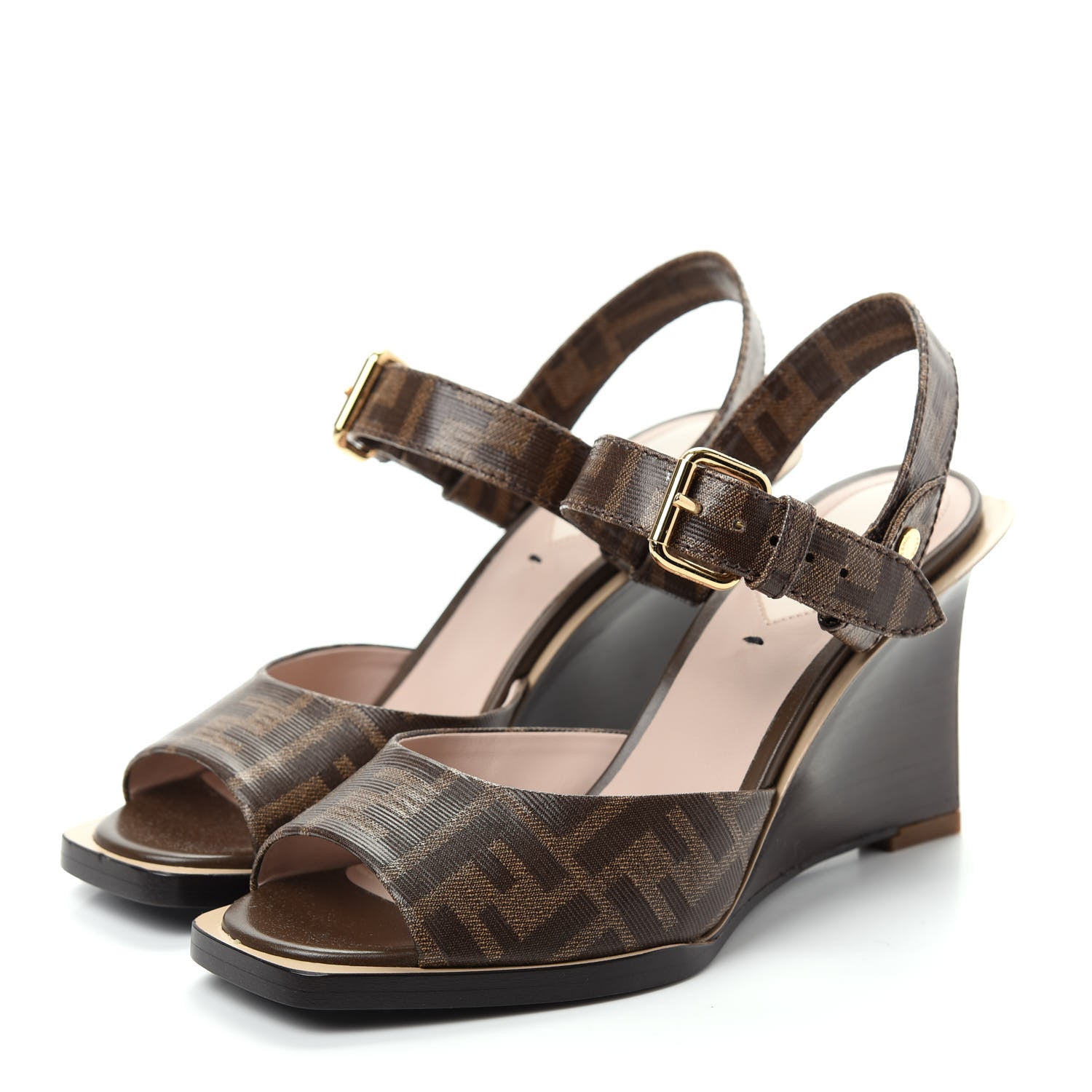 Fendi Glazed Fabric FF Wedge Sandals 36 Tobacco Moro 3 of 9
