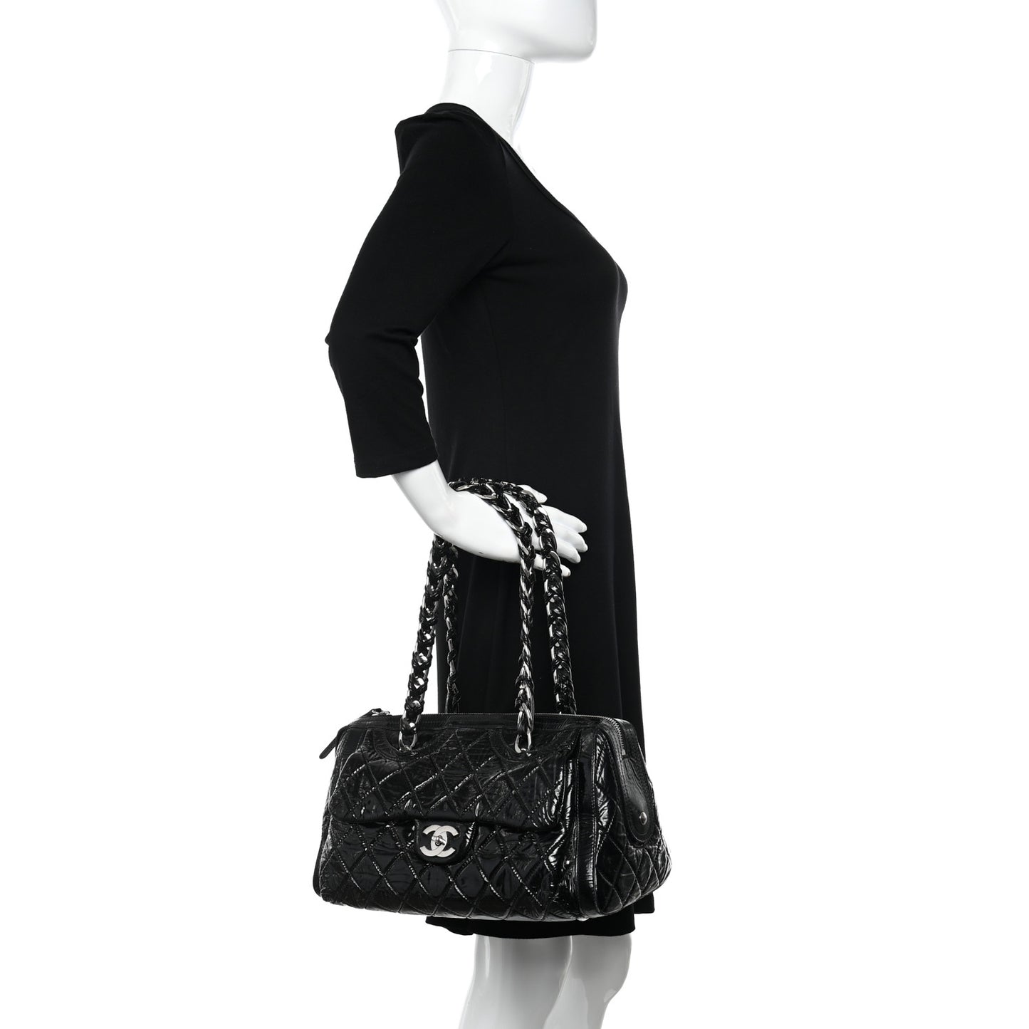 Patent Quilted Day Glo Flap Bag Black