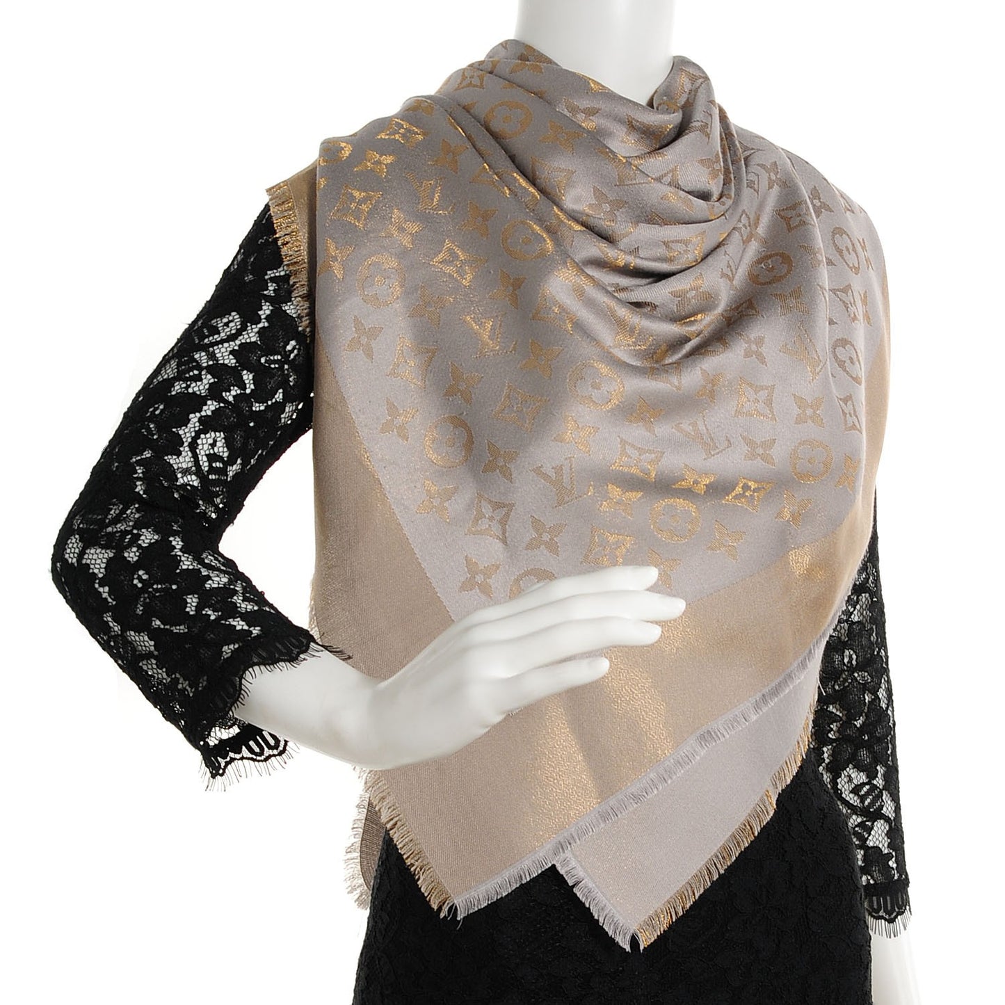 Silk Wool Monogram Shine Shawl Beige