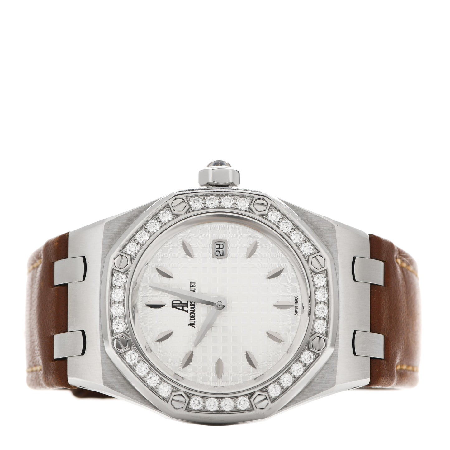Stainless Steel Calfskin Diamond 33mm Royal Oak Quartz Watch Brown 67651ST.ZZ.1261ST.01