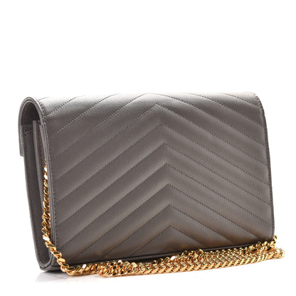 Saint Laurent Grain De Poudre Matelasse Chevron Monogram Chain Wallet Fog 2 of 6