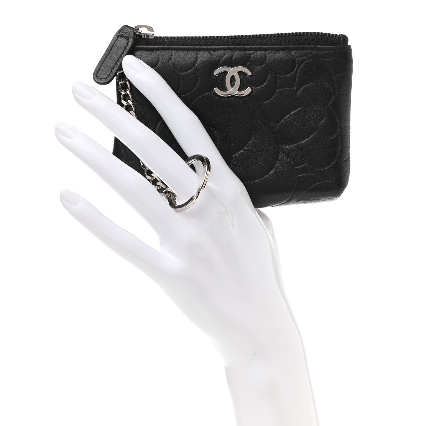 Lambskin Camellia Embossed Key Holder Case Black