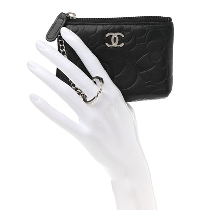Chanel Lambskin Camellia Embossed Key Holder Case Black 2 of 8