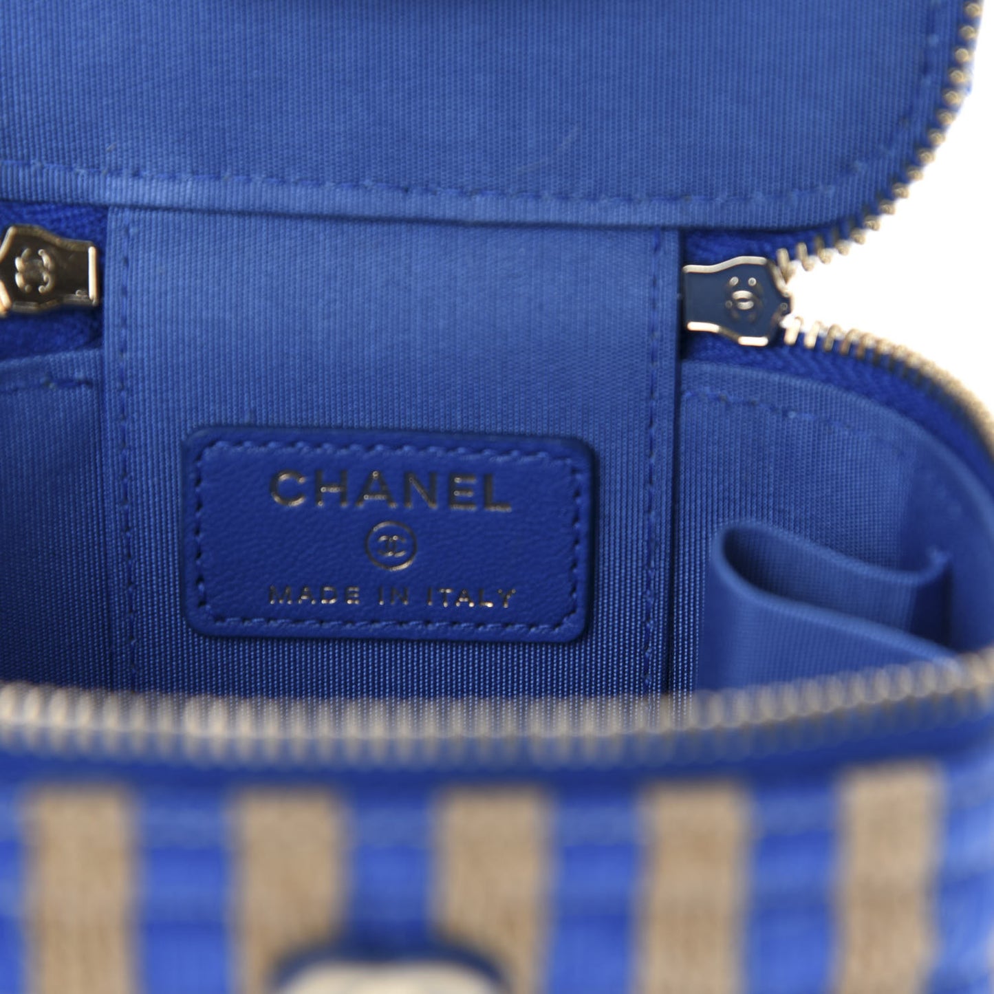 Raffia Jute Striped Mini Vanity Case With Chain Blue Beige