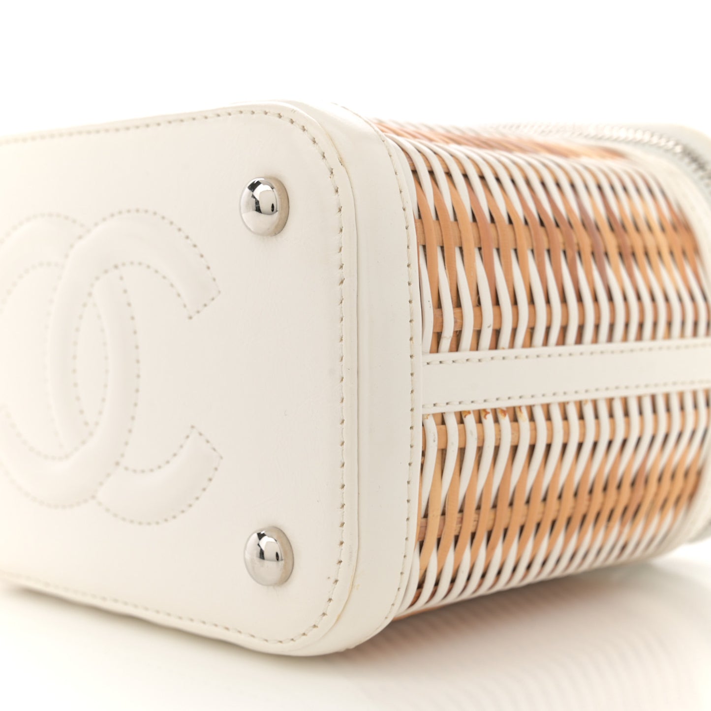 Calfskin Raffia Small Vanity Case Bag White Beige White Beige
