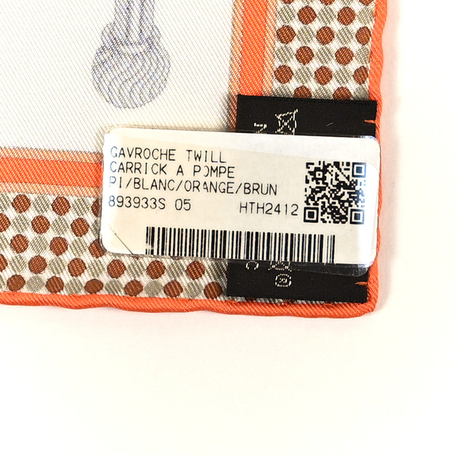 エルメス カレ90 Carrick a Pompe スカーフ ブラウン 30E Hermes Silk Carrick a Pompe Pocket Square White Orange Brun