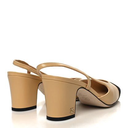 Chanel Goatskin Grosgrain Cap Toe CC Slingback Pumps 39 Beige Black 4 of 9