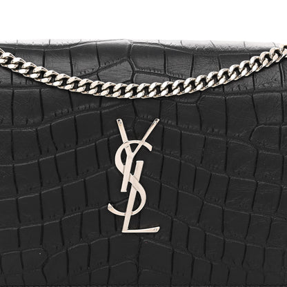Saint Laurent Calfskin Crocodile Embossed Monogram Chain Wallet Black 8 of 10