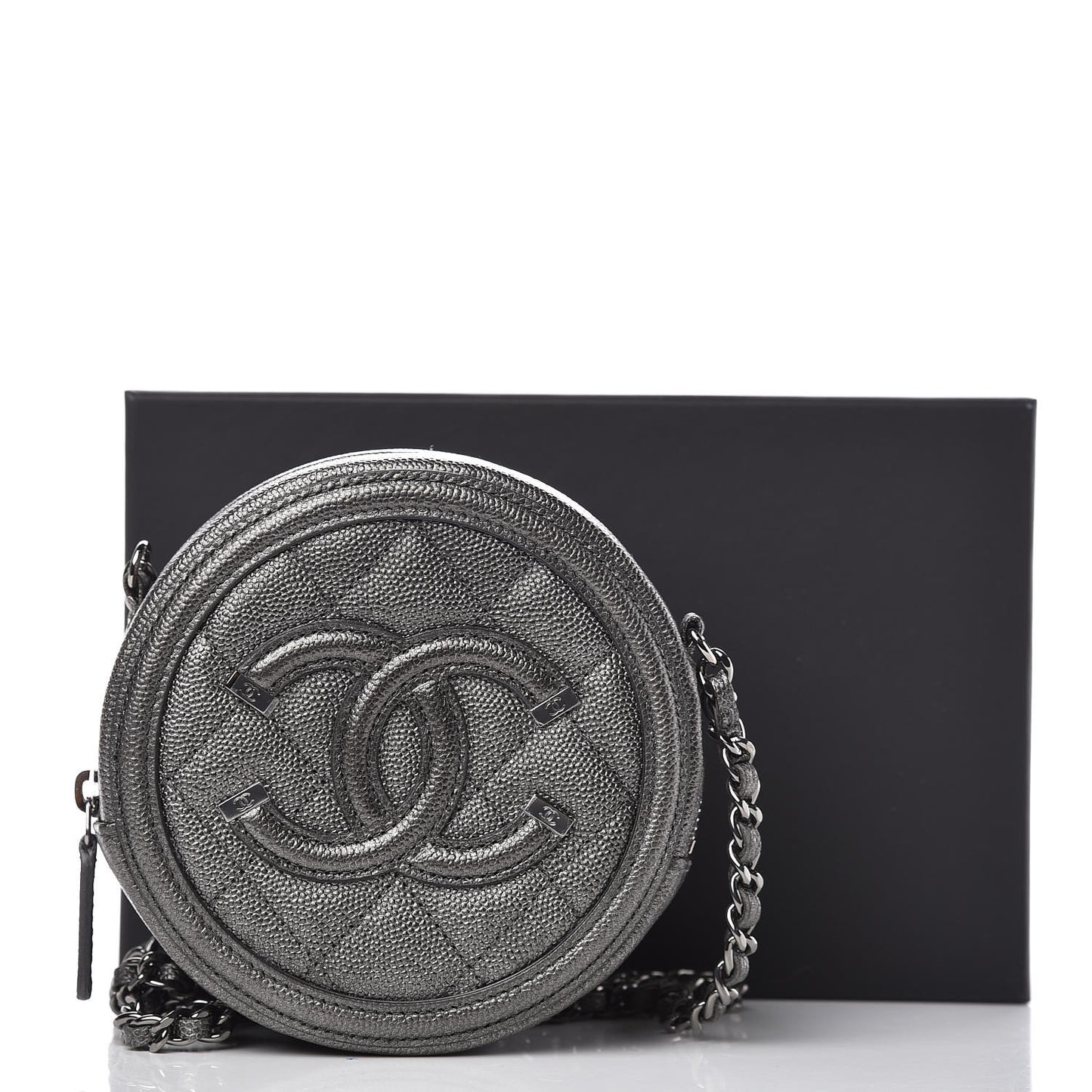 Metallic Caviar Quilted Round Filigree Crossbody Dark Silver