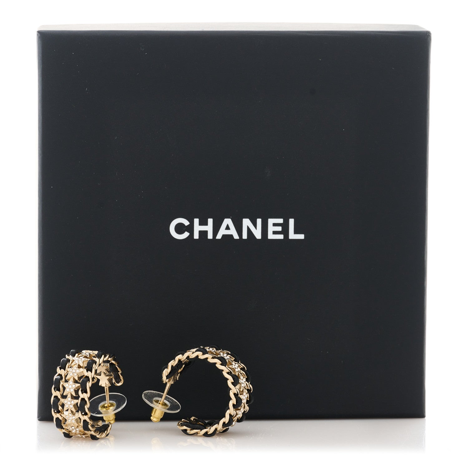 Chanel Lambskin Crystal Star Chain Hoop Earrings Gold Black 5 of 5